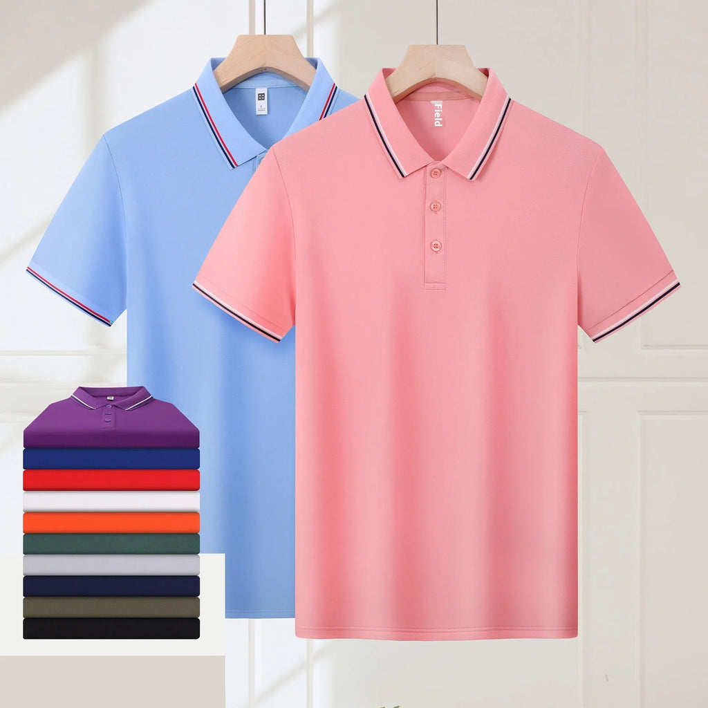 Short sleeve lapel polo shirt in thin recycled fibre polyester, regular fit solid colour summer work top