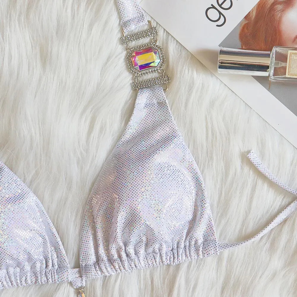Women's ties halter bikini glitter set in silver bronzing with polyester fabric