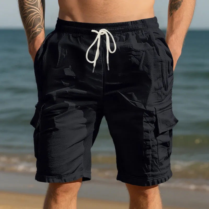 Men's cotton linen casual shorts with multiple pockets in loose fit straight leg design