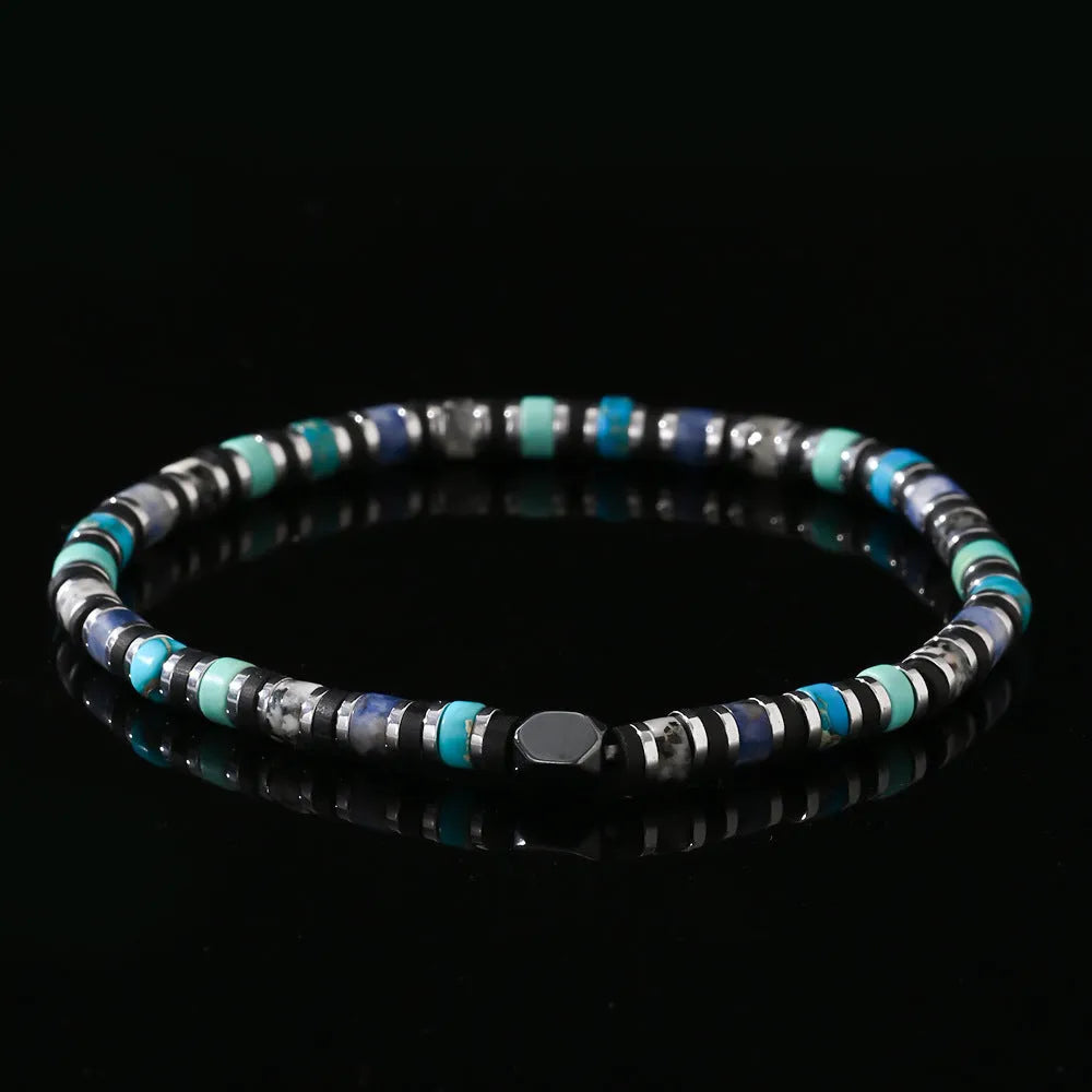 Cylindrical semi-precious stone bracelet with geometric design and hand-woven construction