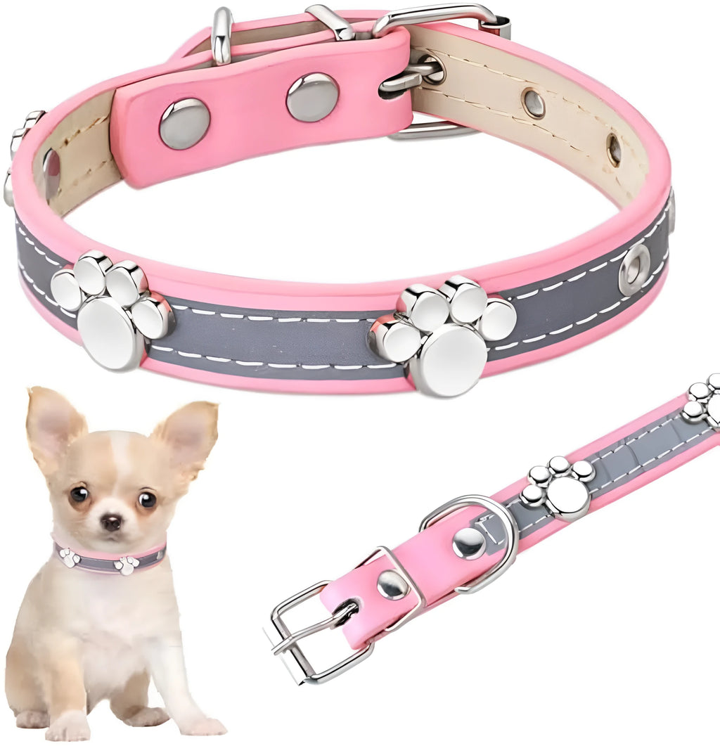 Reflective PU leather dog collar with paw rivet decoration and metal buckle