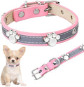 Reflective PU leather dog collar with paw rivet decoration and metal buckle
