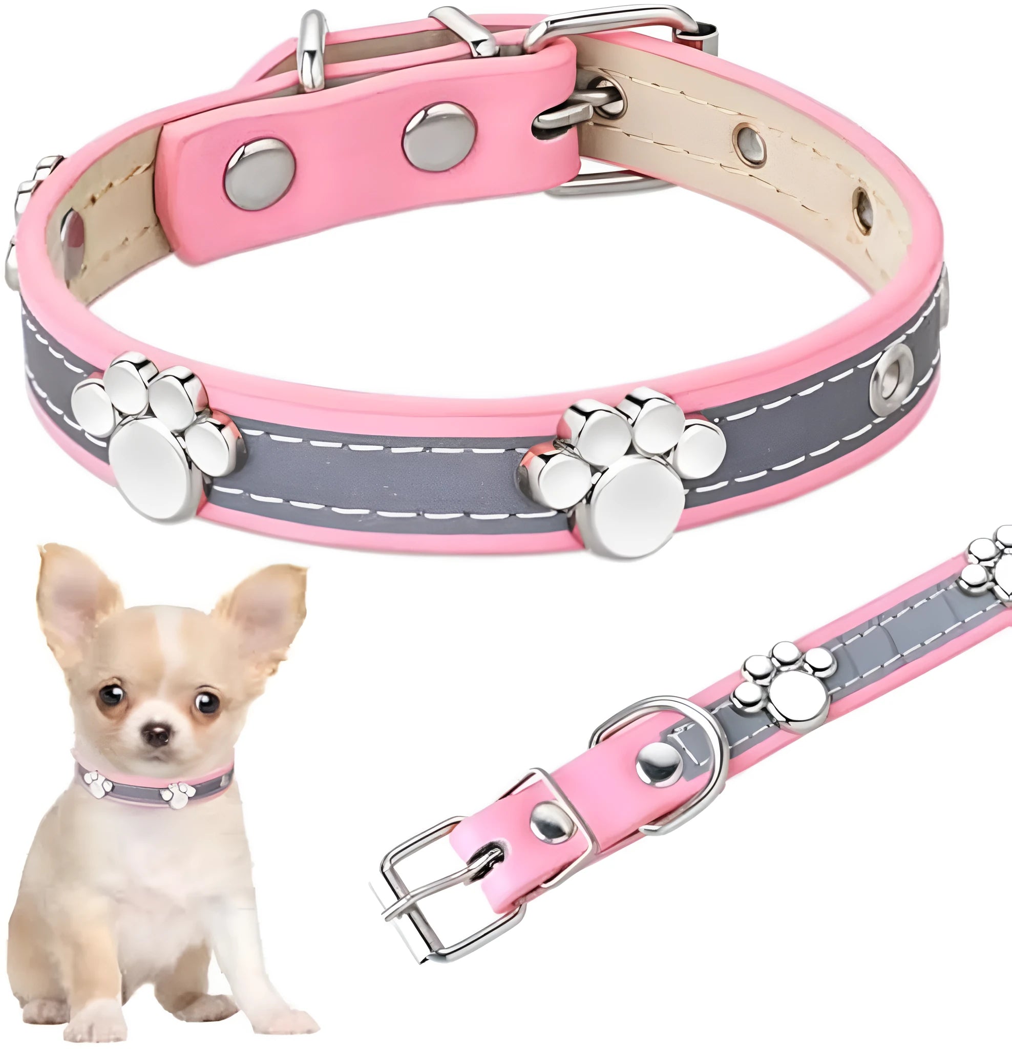 Reflective PU leather dog collar with paw rivet decoration and metal buckle