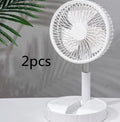 Black telescopic folding fan extended to full height on a desk, showing mechanical controls and compact folded size inset.