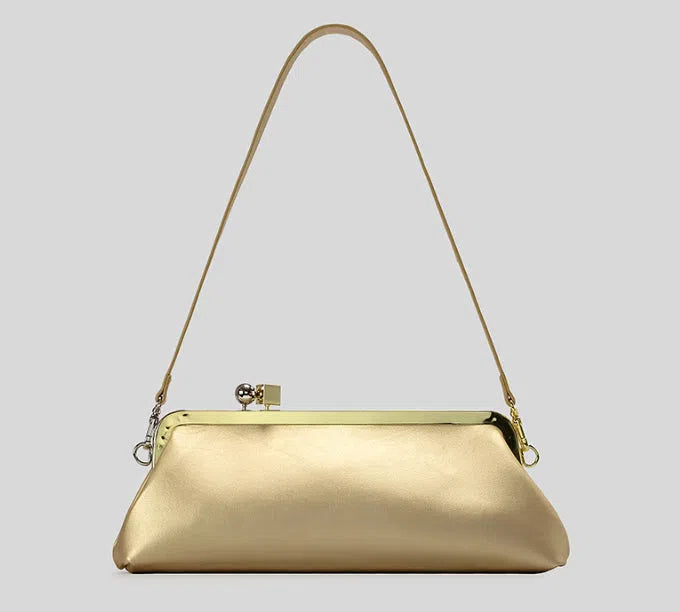 Mirror Baguette PU leather horizontal square clip bag with spherical metal block detail in black