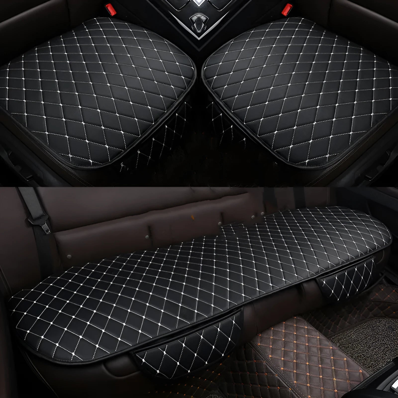 Non-slip car cushion made from PVC with sponge filling in black and white colour, no backrest, with free tie