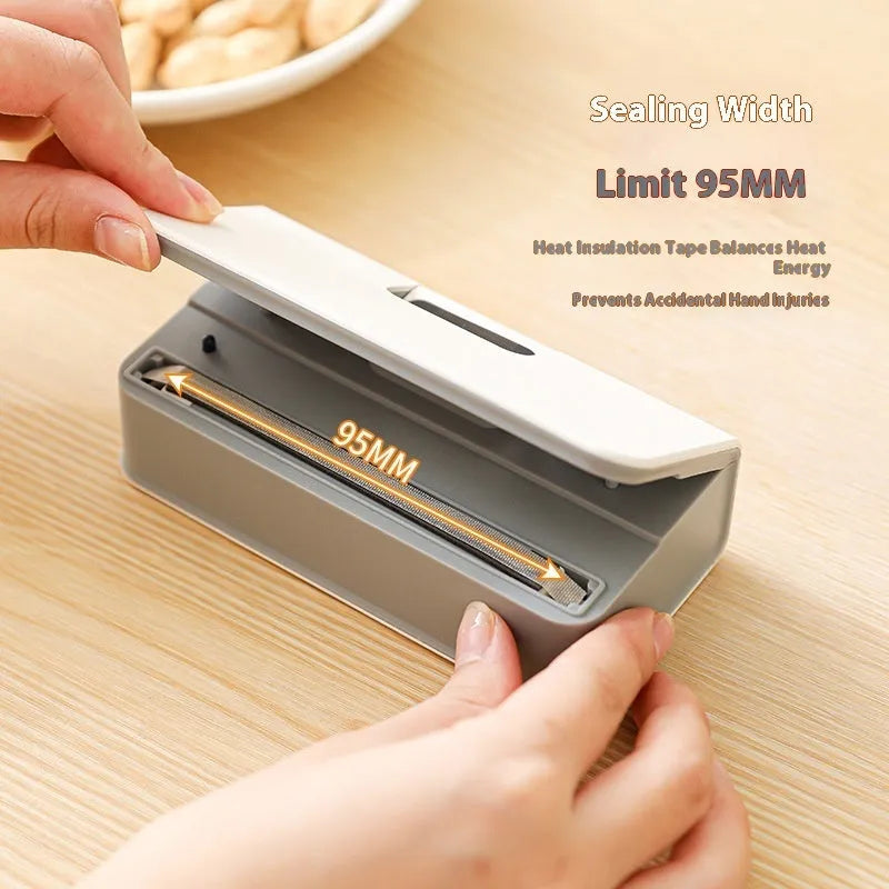 Small portable manual heat sealing machine for plastic snack bags in white or blue.