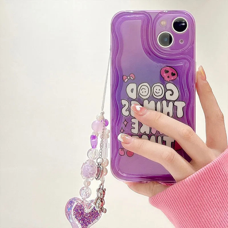 Purple English graffiti iPhone 14 mobile phone case with chain bracelet and love pendant