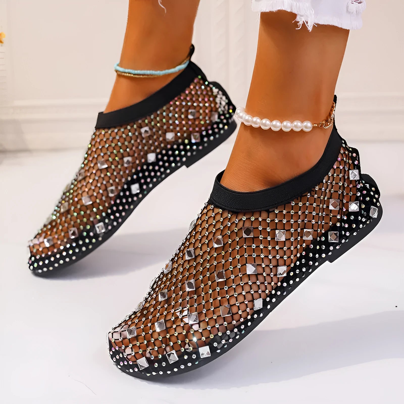 Women's mesh flat sandals with colourful rhinestone design and rubber soles