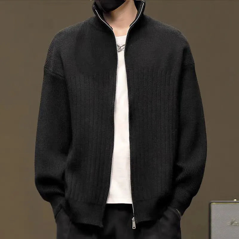 Men's striped cardigan sweater in gray with loose fit, long sleeves, and button front