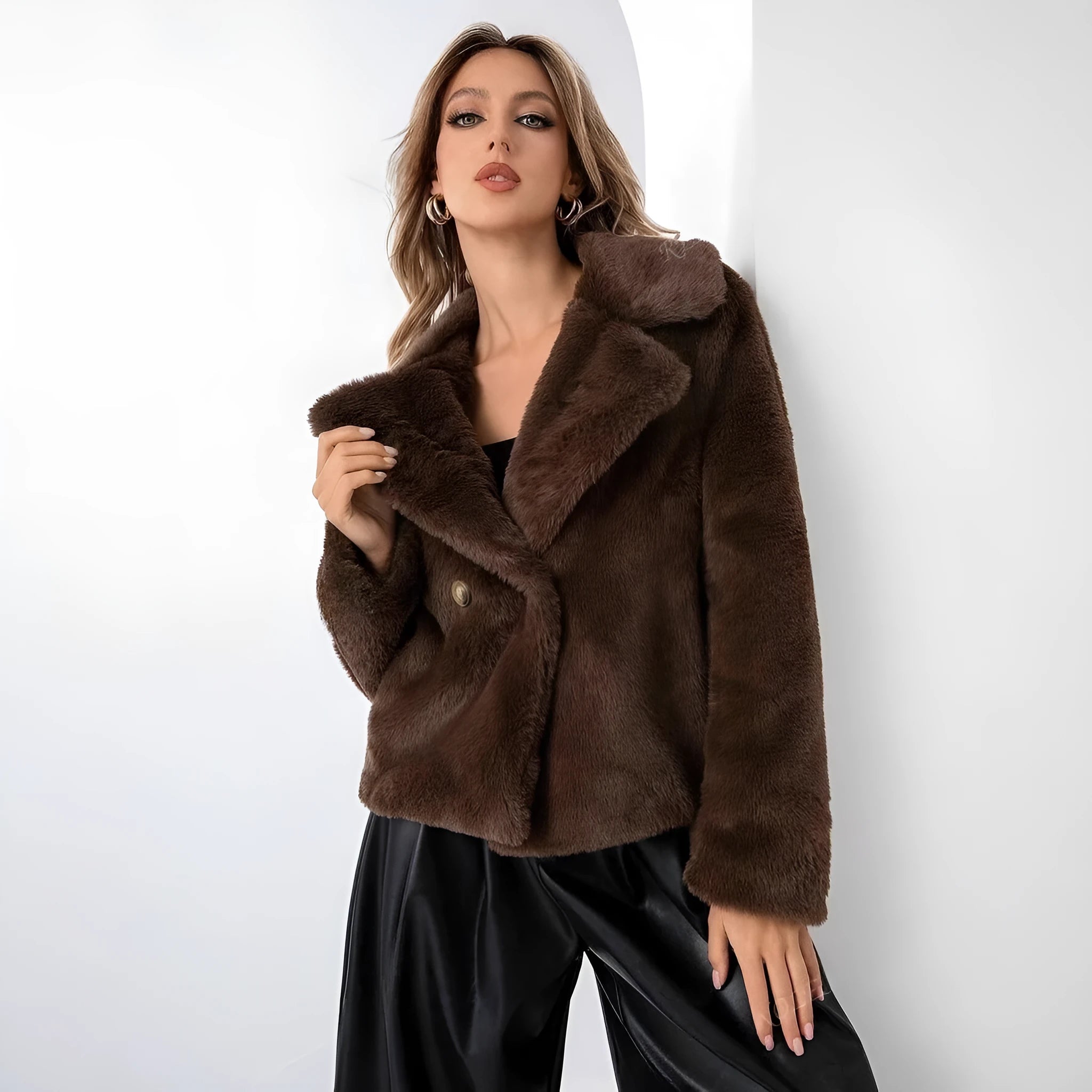 Short loose women's coat in rose red artificial faux fur with regular sleeves.