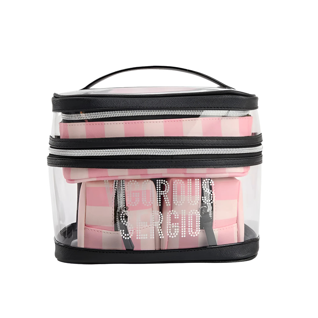 Pink bold stripes floral pattern waterproof synthetic leather makeup bag with retro design