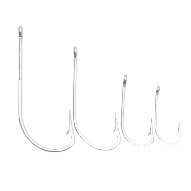 Pack of multi-style alloy fishhooks for saltwater fishing against a blue background.