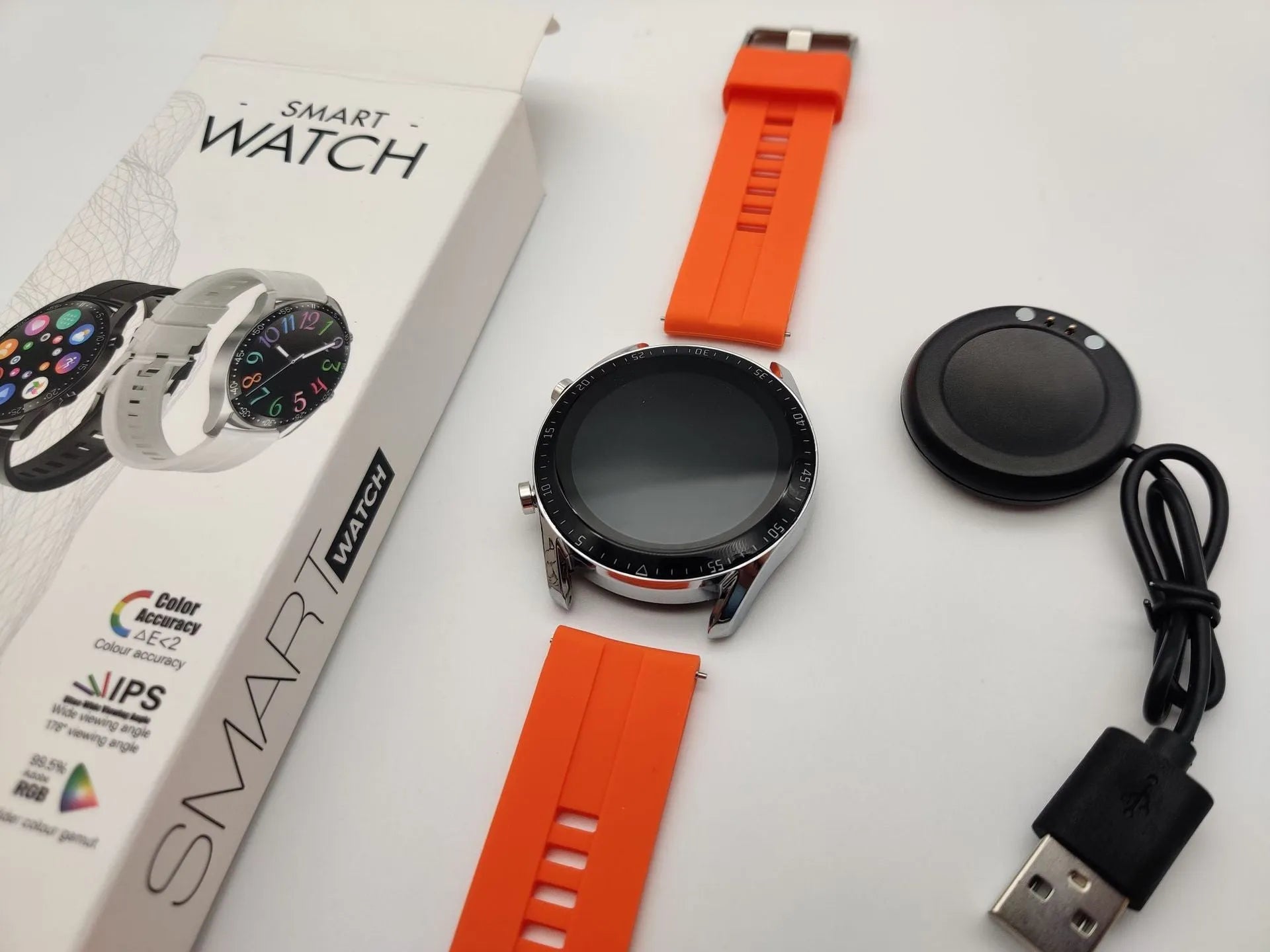 Round smartwatch with aluminium case on wrist, showing TFT touch screen displaying time and heart rate.