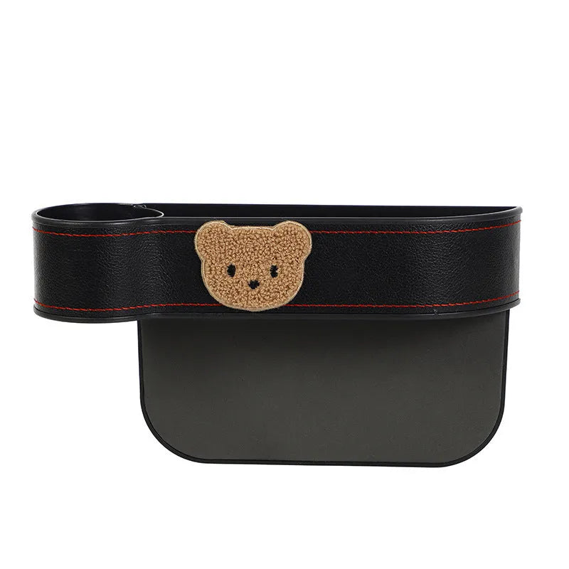 Leather car seat gap storage box with cartoon bear design in black and rice colour options