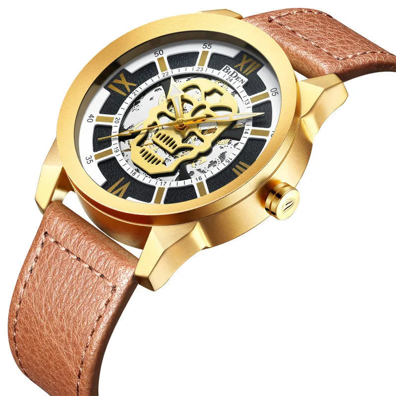 Biden men's hollow quartz watch with calendar display and brown leather strap