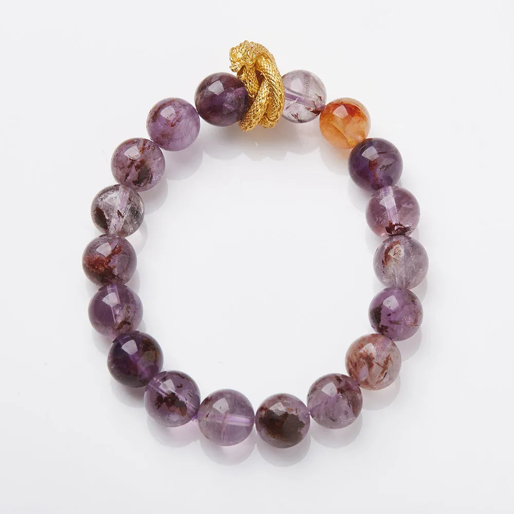 Purple crystal bracelet with nine charms, animal zodiac motifs, and 10mm beads