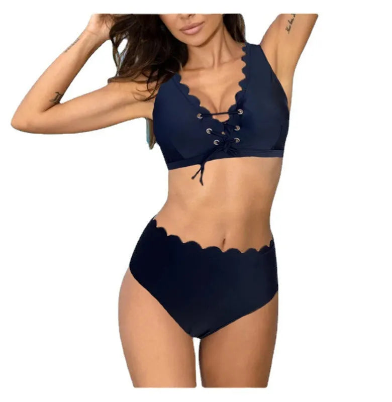 Women's solid colour split swimsuit with high waist design in red, black or blue