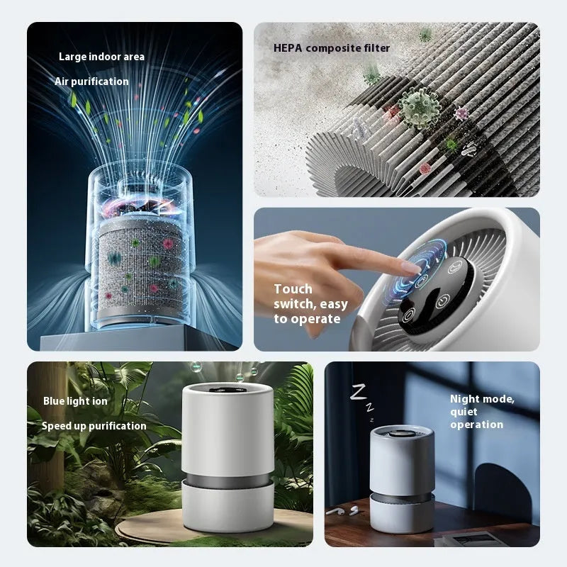 White desktop air purifier with USB cable for formaldehyde and odour removal in small rooms