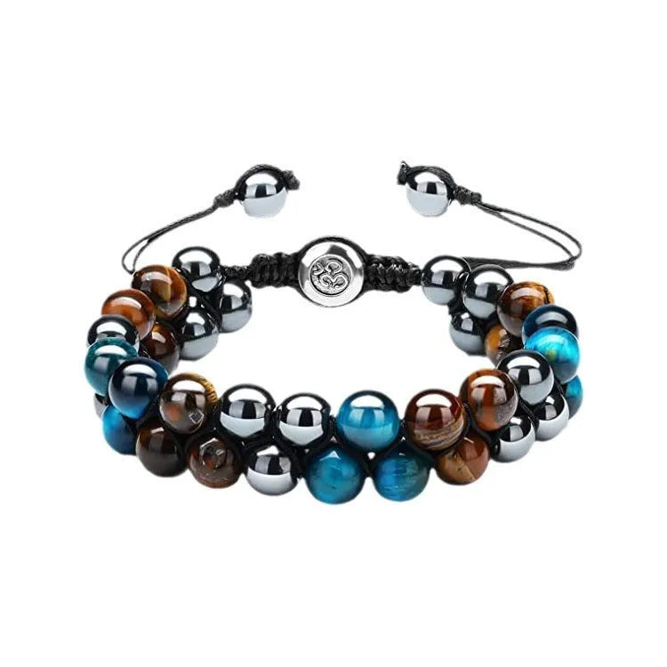 Men's tiger eye double-layer woven bracelet with bright magnet accents and geometric design