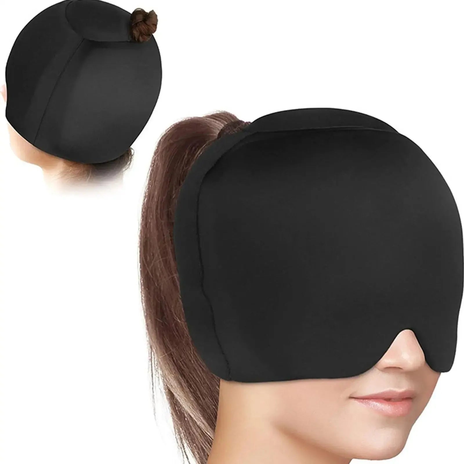 Fully enclosed cold compress cap in solid colour options of black, dark blue, or pink