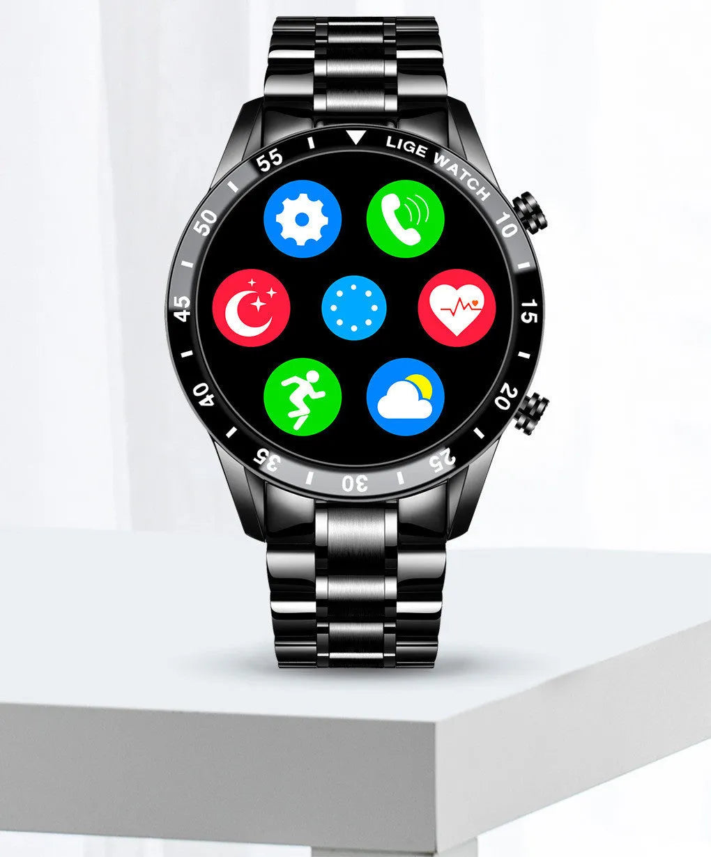 Smart watch with stainless steel band showing 1.3 inch touch screen displaying step count