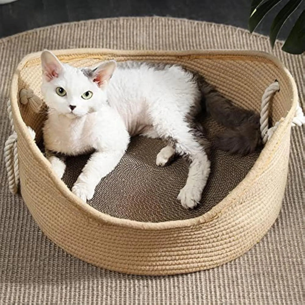 Wicker cat bed basket with corrugated scratching board for feline resting and claw maintenance