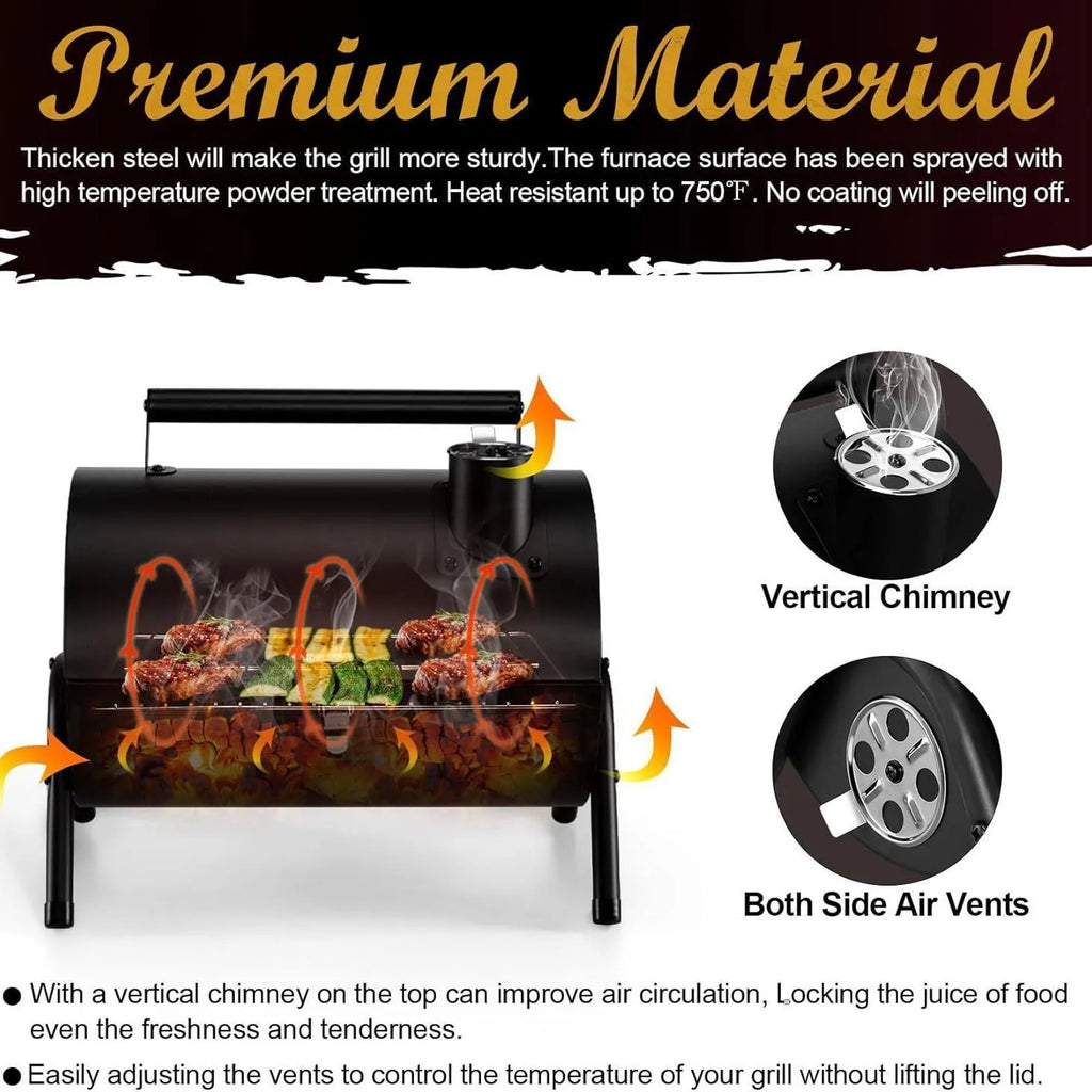 Small folding desktop charcoal barbecue grill shown in use on a table.