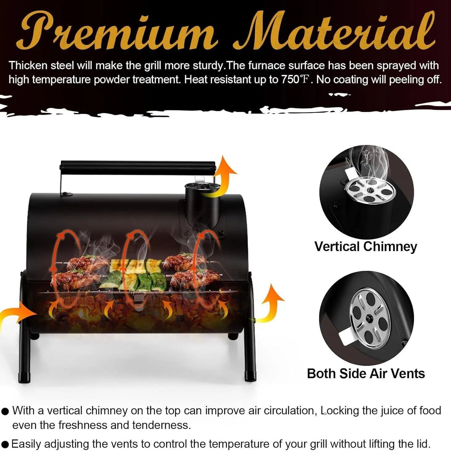 Small folding desktop charcoal barbecue grill shown in use on a table.