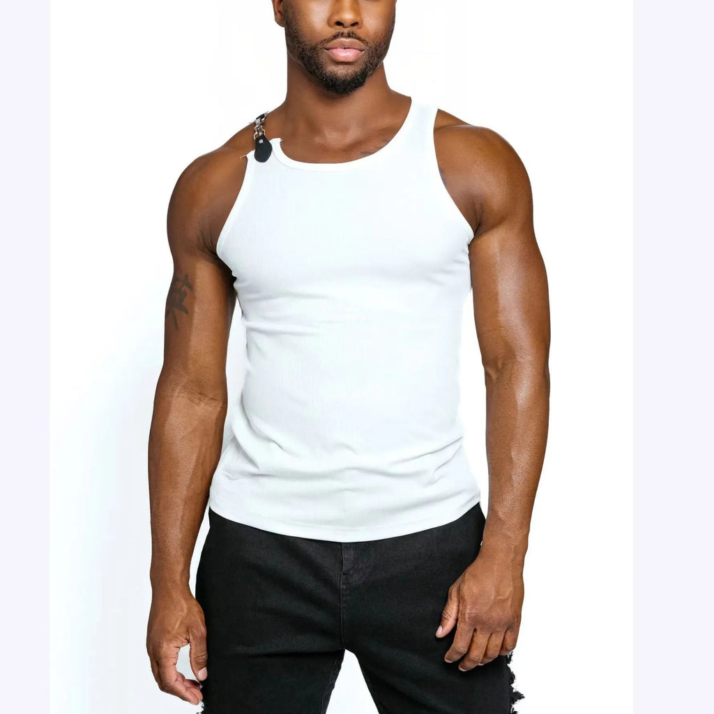 Men's tight-fitting sleeveless vest in white and black colours, made from a polyester cotton blend fabric.