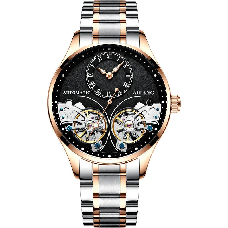 Automatic men's watch with tourbillon and moon phase on a round black dial in a titanium case.