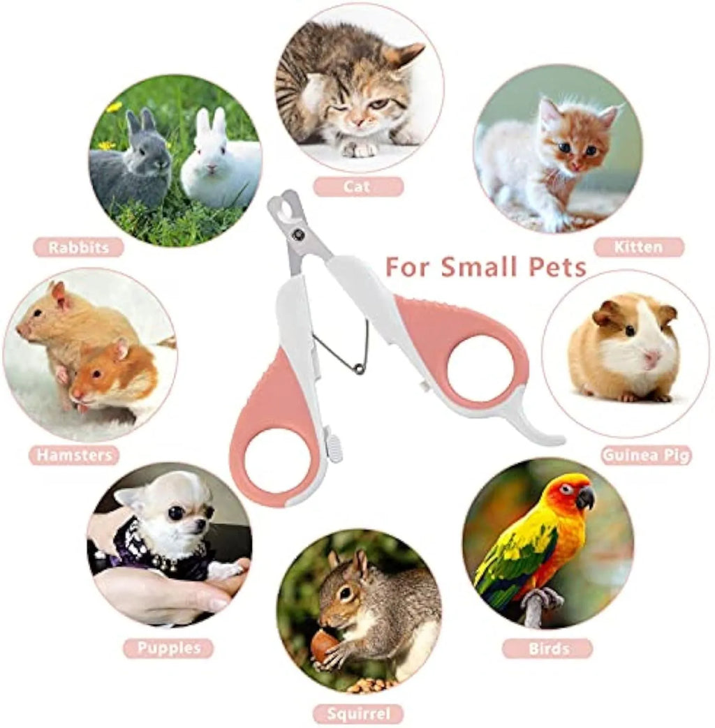 Grey and pink cat nail clippers with angled blade and safety guard for small pets
