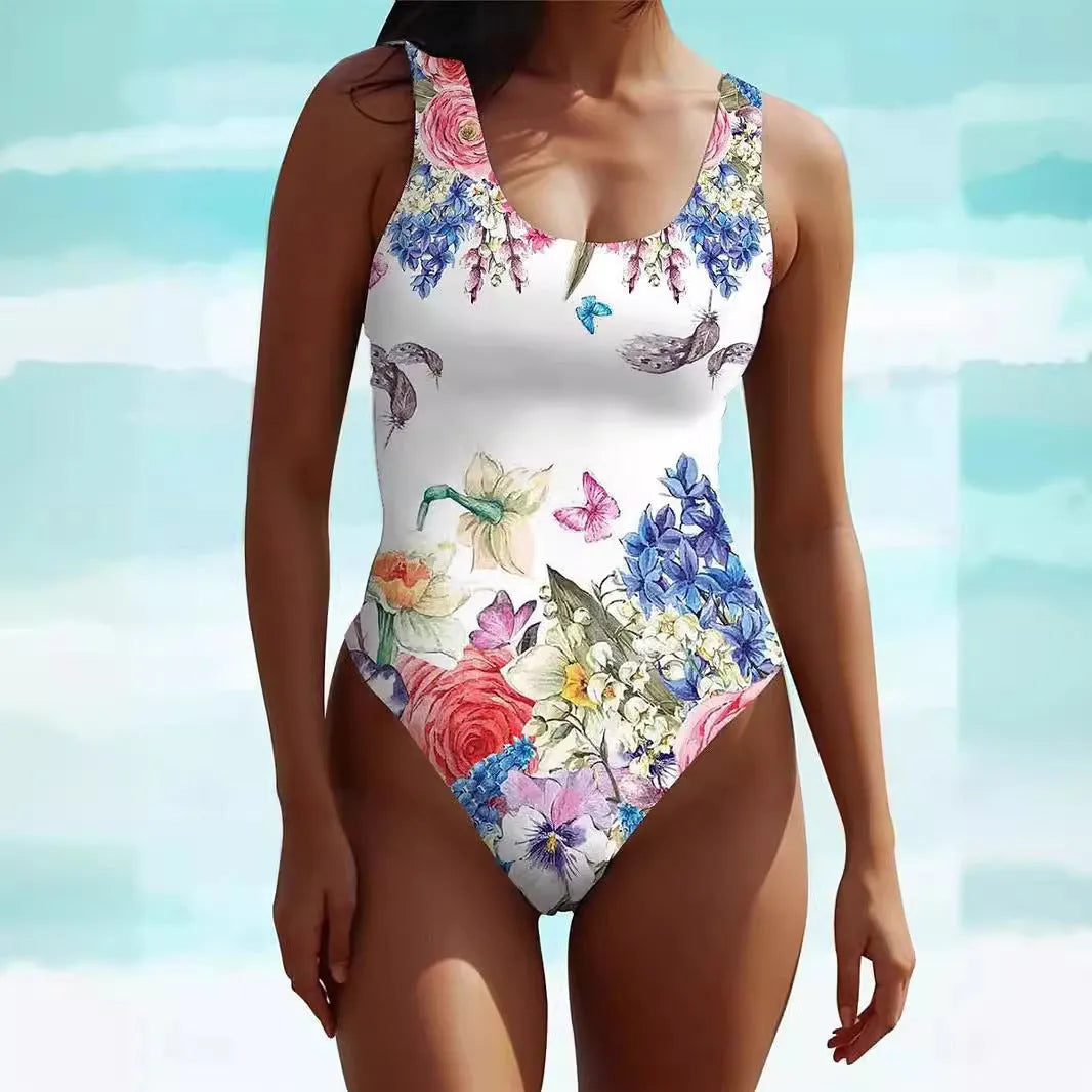 Women's artistic retro bohemian style sleeveless swimsuit dress in spandex fabric with patterned design