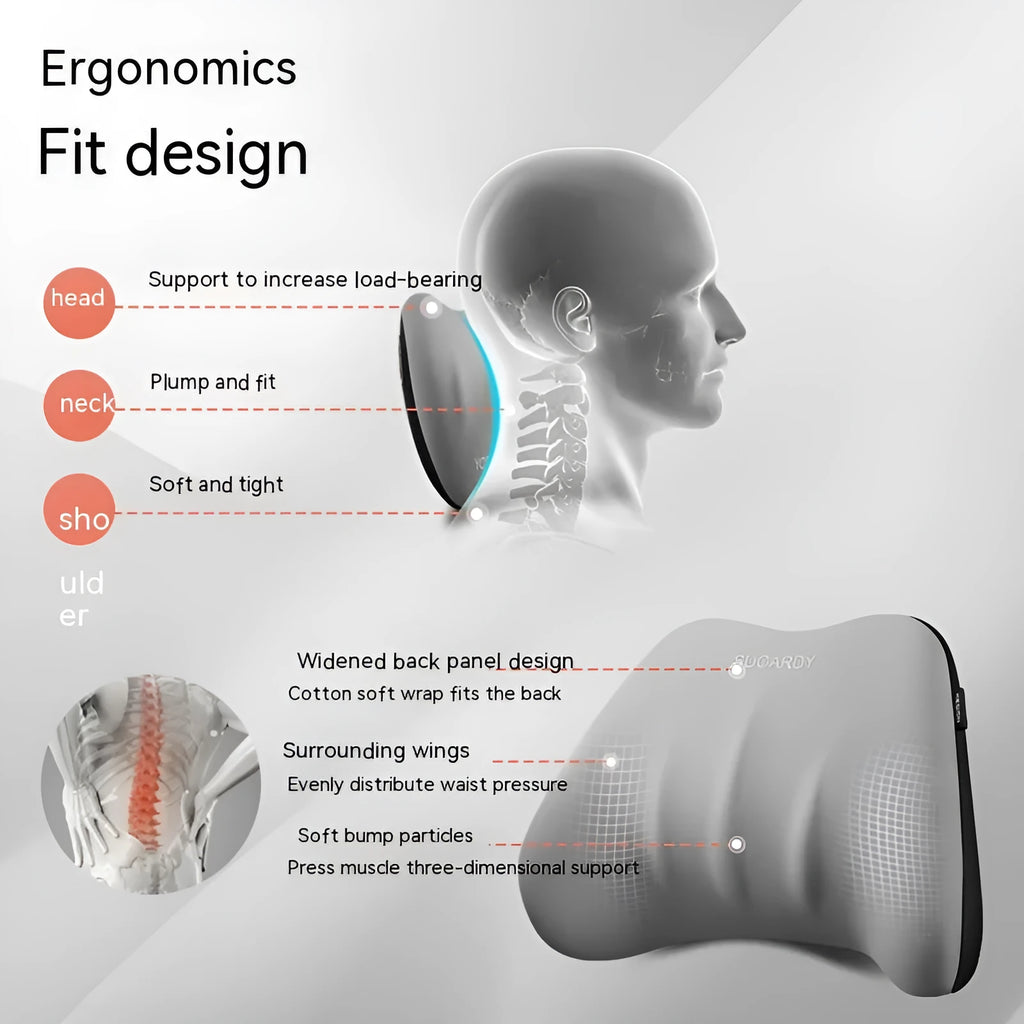 Memory foam car cushion set showing lumbar support pillow and neck pillow in solid colour option