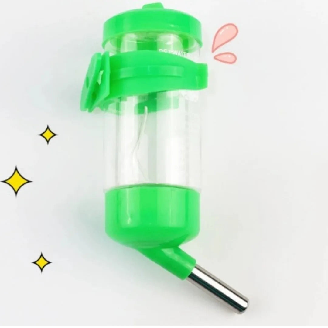 Green plastic ball kettle pet water feeder with leak-proof design mounted on a cage.