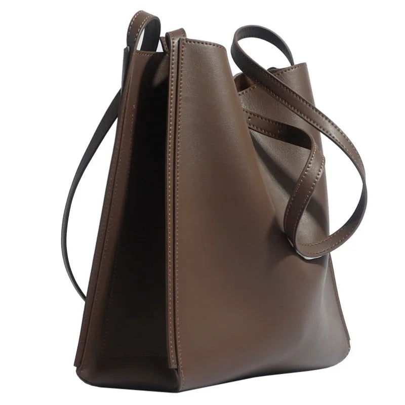 Brown genuine leather women's shoulder bag with double straps and multiple internal compartments