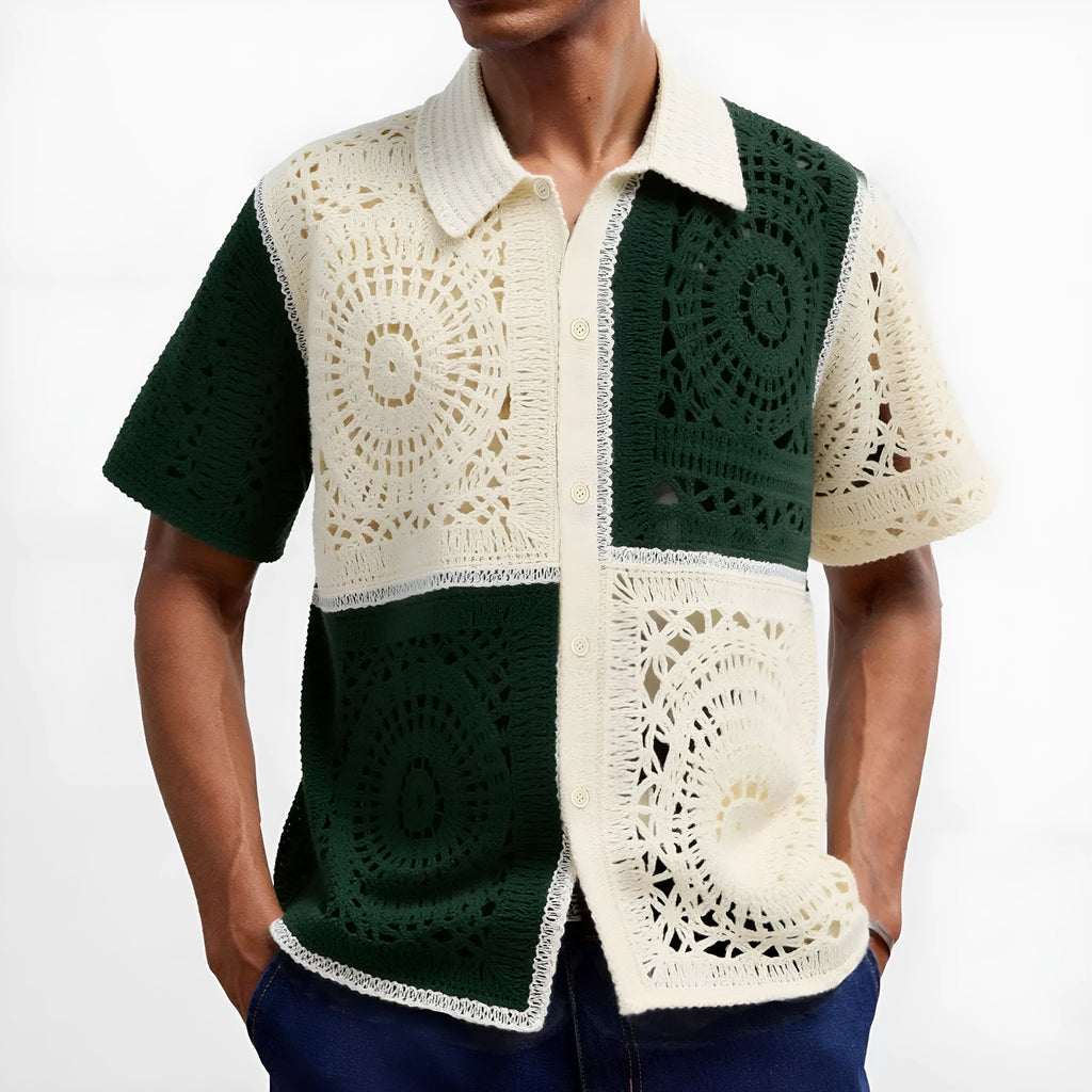 Men's beige colourblock knitted short sleeve shirt with flocking texture detail.