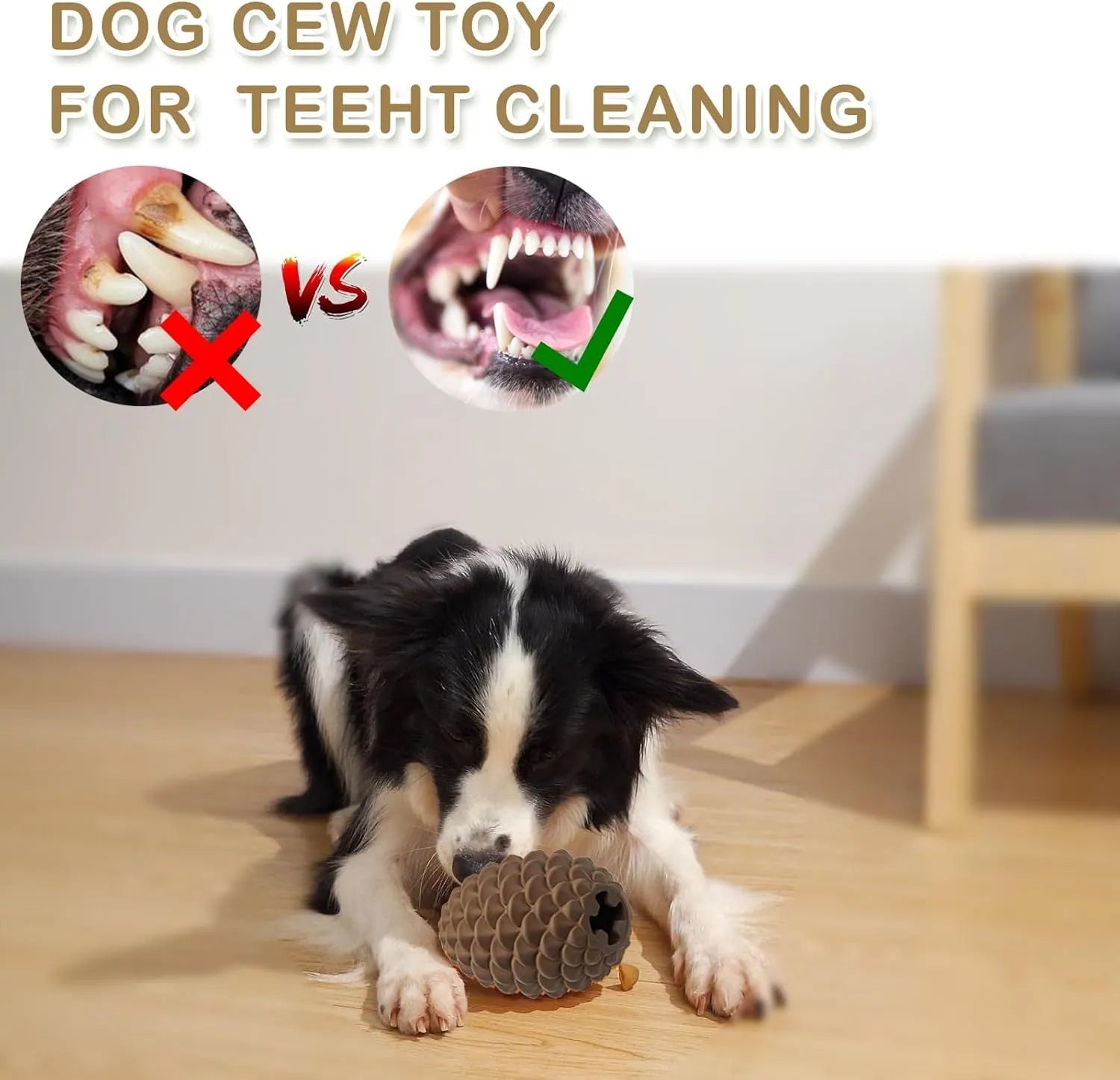 Yellow pine cone shaped natural rubber dog toy with treat dispenser for large dogs.
