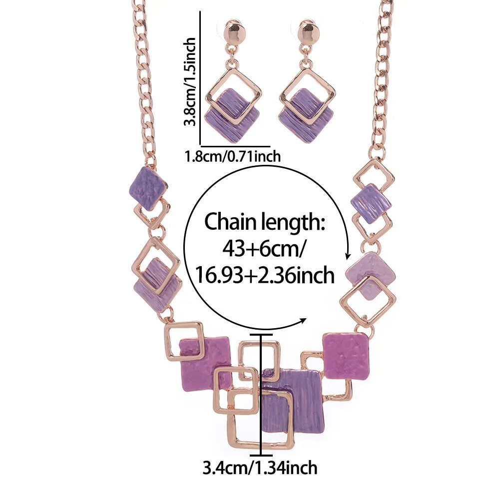 Alloy necklace and earrings set with geometric square oil drip pendant and curb chain