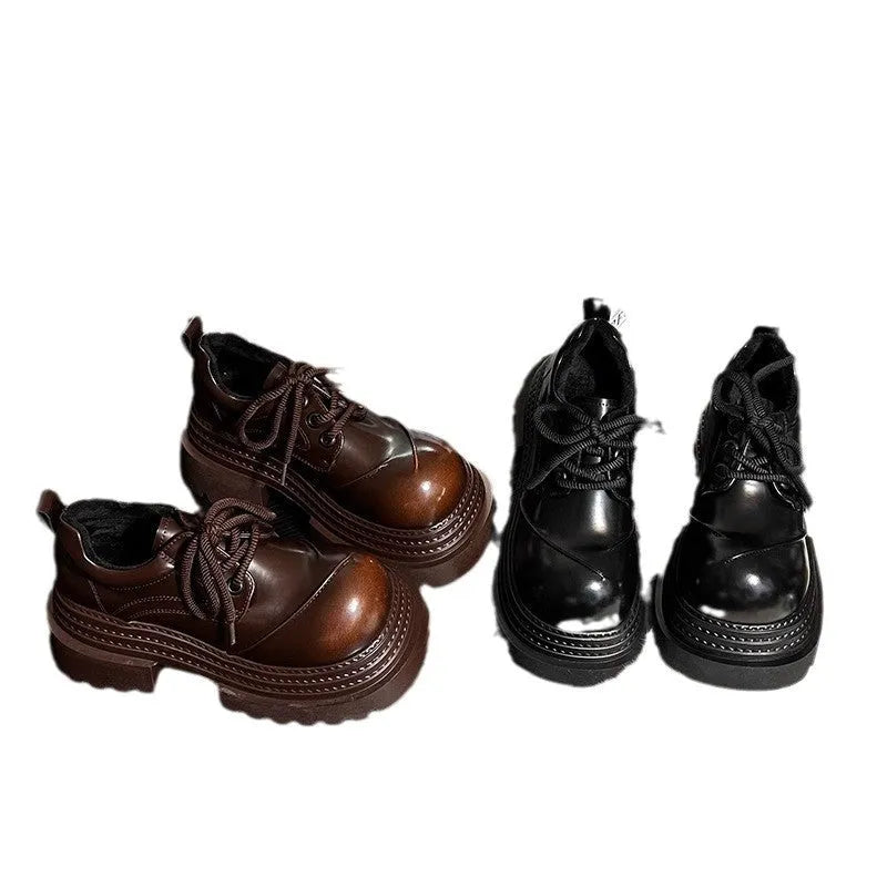 Women's platform pump high heel shoes 6-8cm round toe front lace-up PU upper rubber sole black brown sizes 35-40