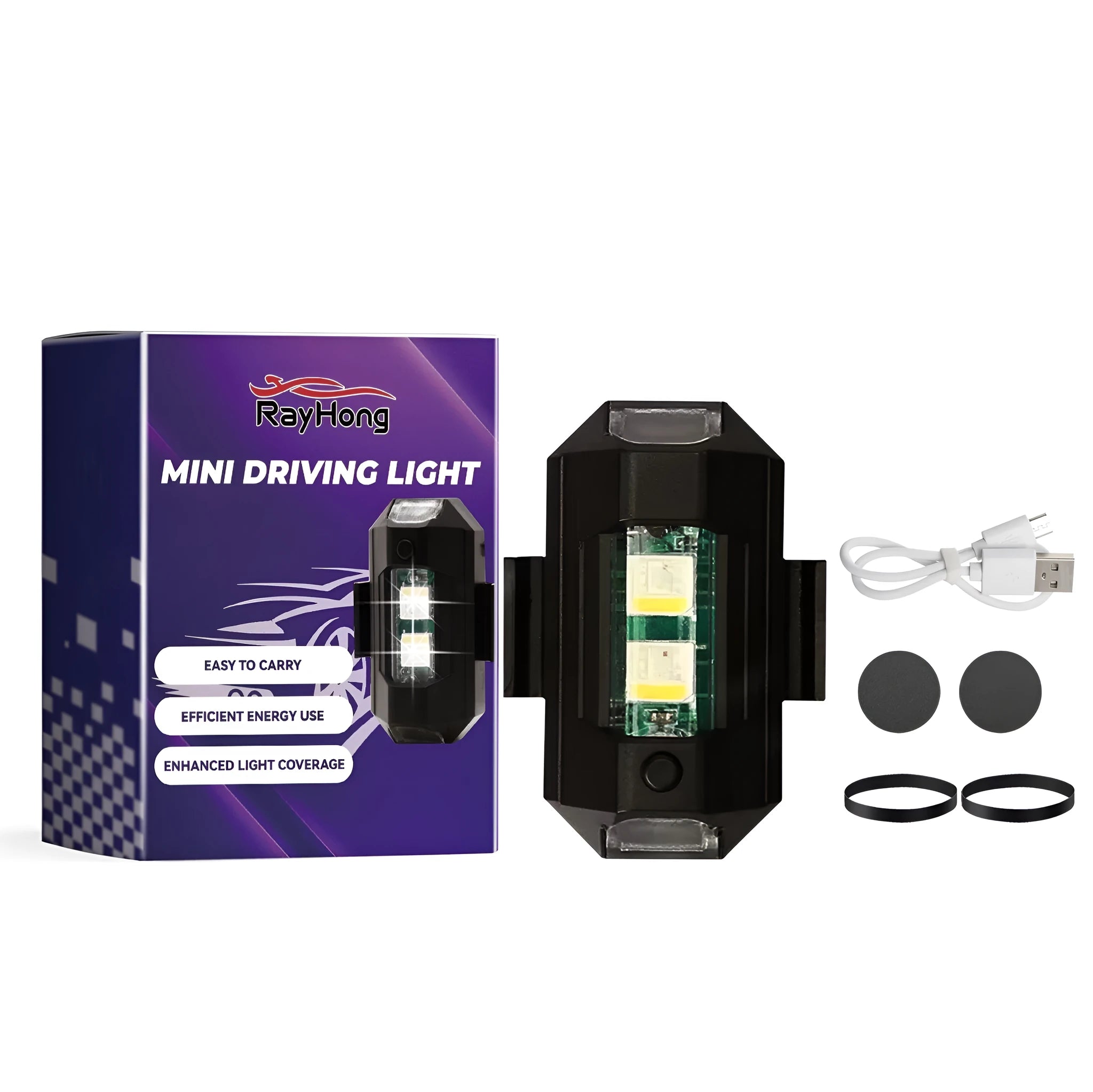 Mini driving light with USB magnetic charging cable, rubber bands, and adhesive stickers