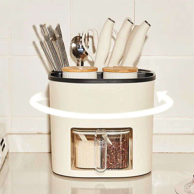 White rotating kitchen storage bucket and four-compartment spice box organiser for cutlery and seasonings.
