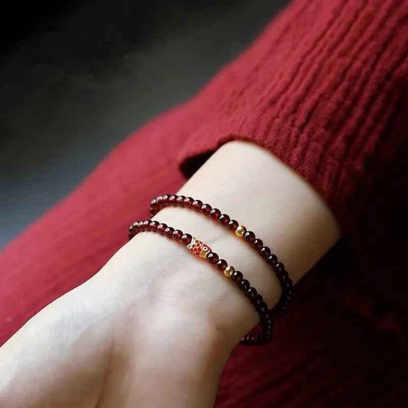 Wine red retro bracelet with glass beads and Chinese style design for women