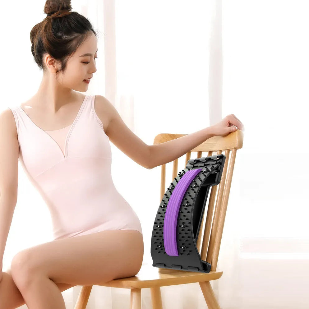 Adjustable back stretcher and waist massager with multiple massage heads in selectable colours.