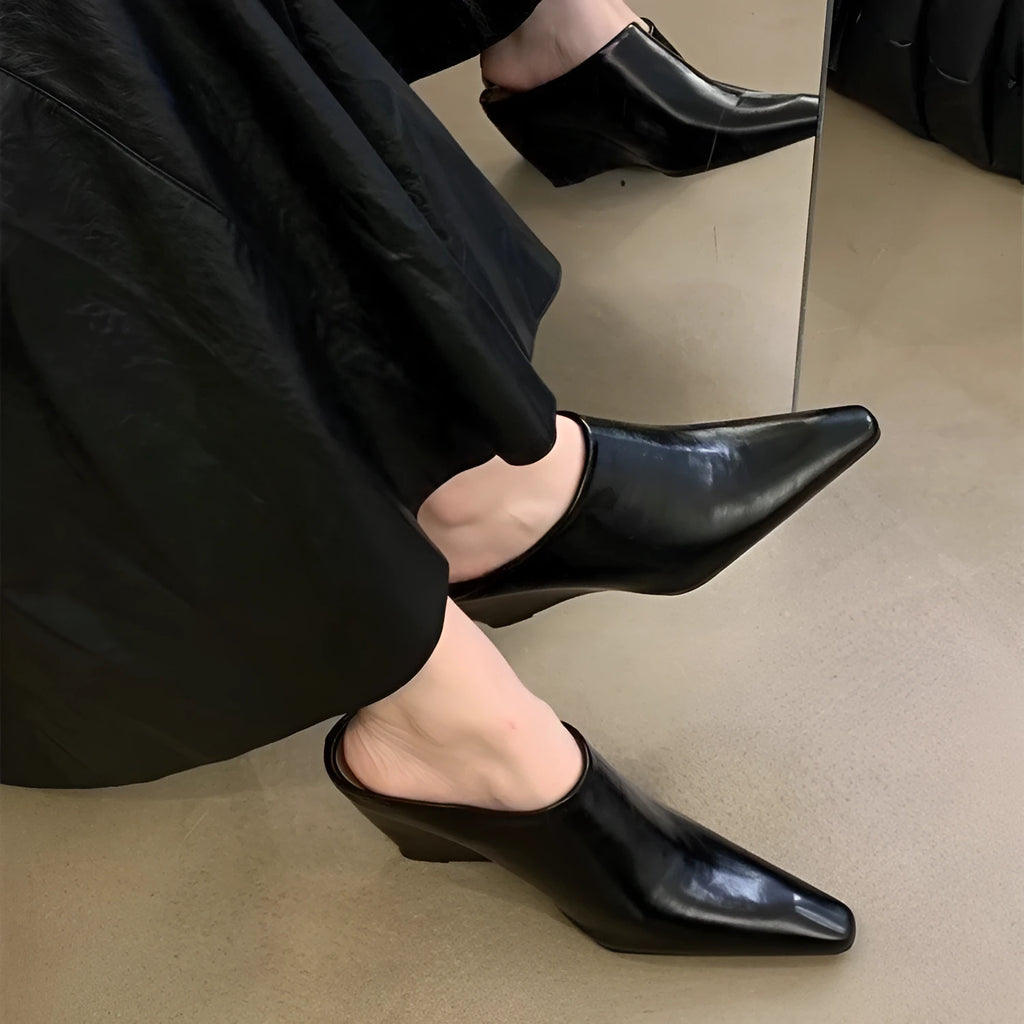 Women's closed toe slippers with wind wedge heel in black, milky white, and brown colour options