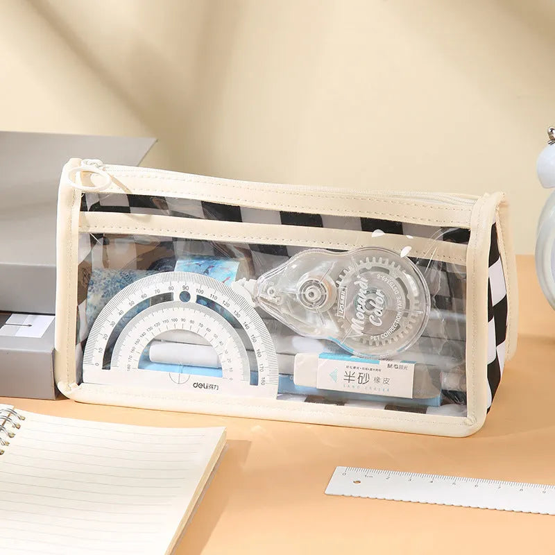 Transparent PVC pencil case with chessboard grid pattern in black and white or red and white.