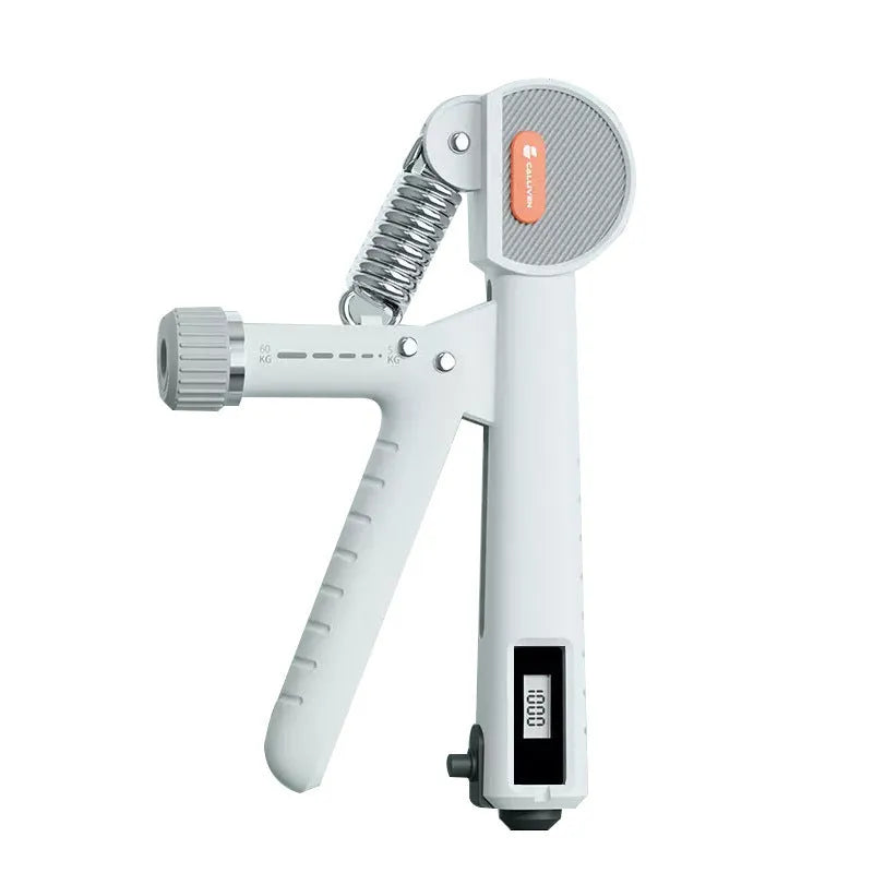 Adjustable count spring hand grip strengthener in ABS plastic construction showing multiple colour options