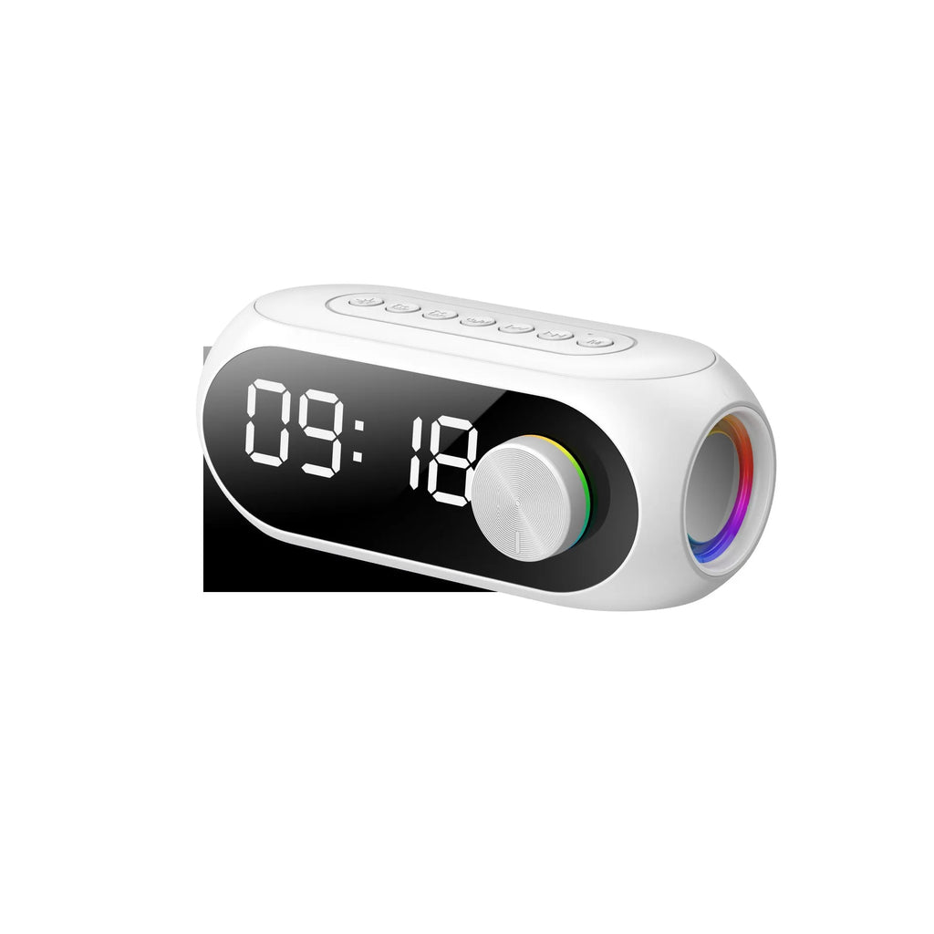 S8 mini portable speaker with extra bass and clock display in black, white, or blue colour