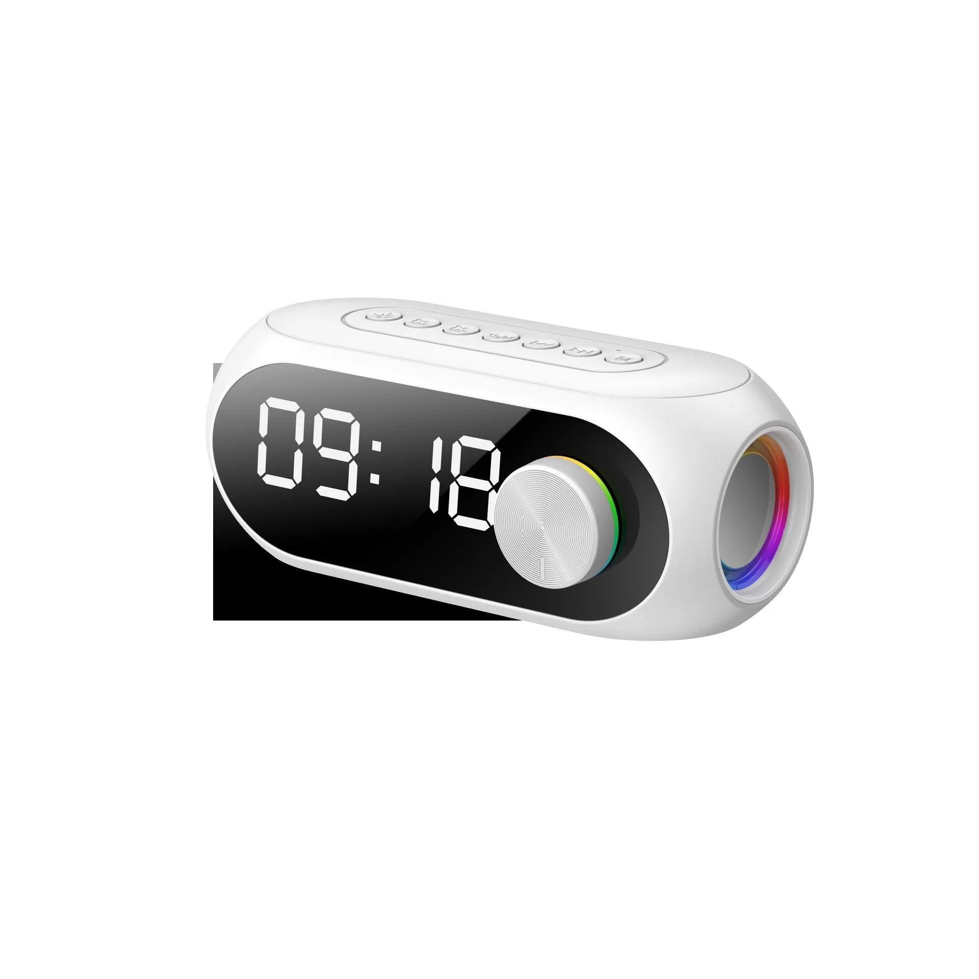S8 mini portable speaker with extra bass and clock display in black, white, or blue colour