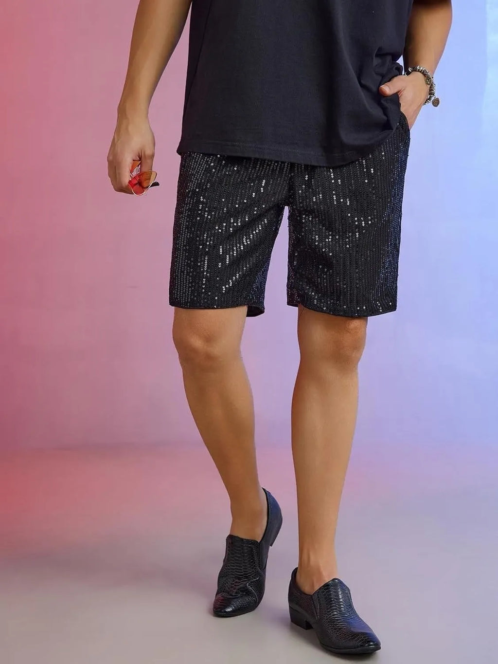 Men's silver sequin straight cut cotton blend shorts with elastic waistband